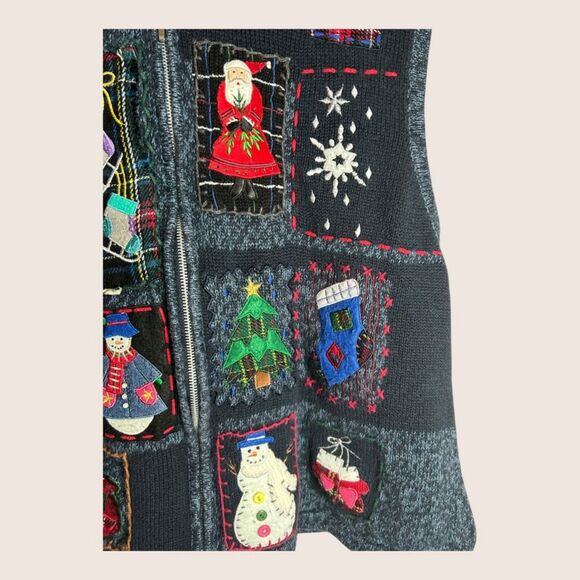 🎄 VTG UGLY CHRISTMAS SWEATER VEST ZIP UP STUDIO FA LA LA XL HEATHER BLUE PLAID - Picture 4 of 5